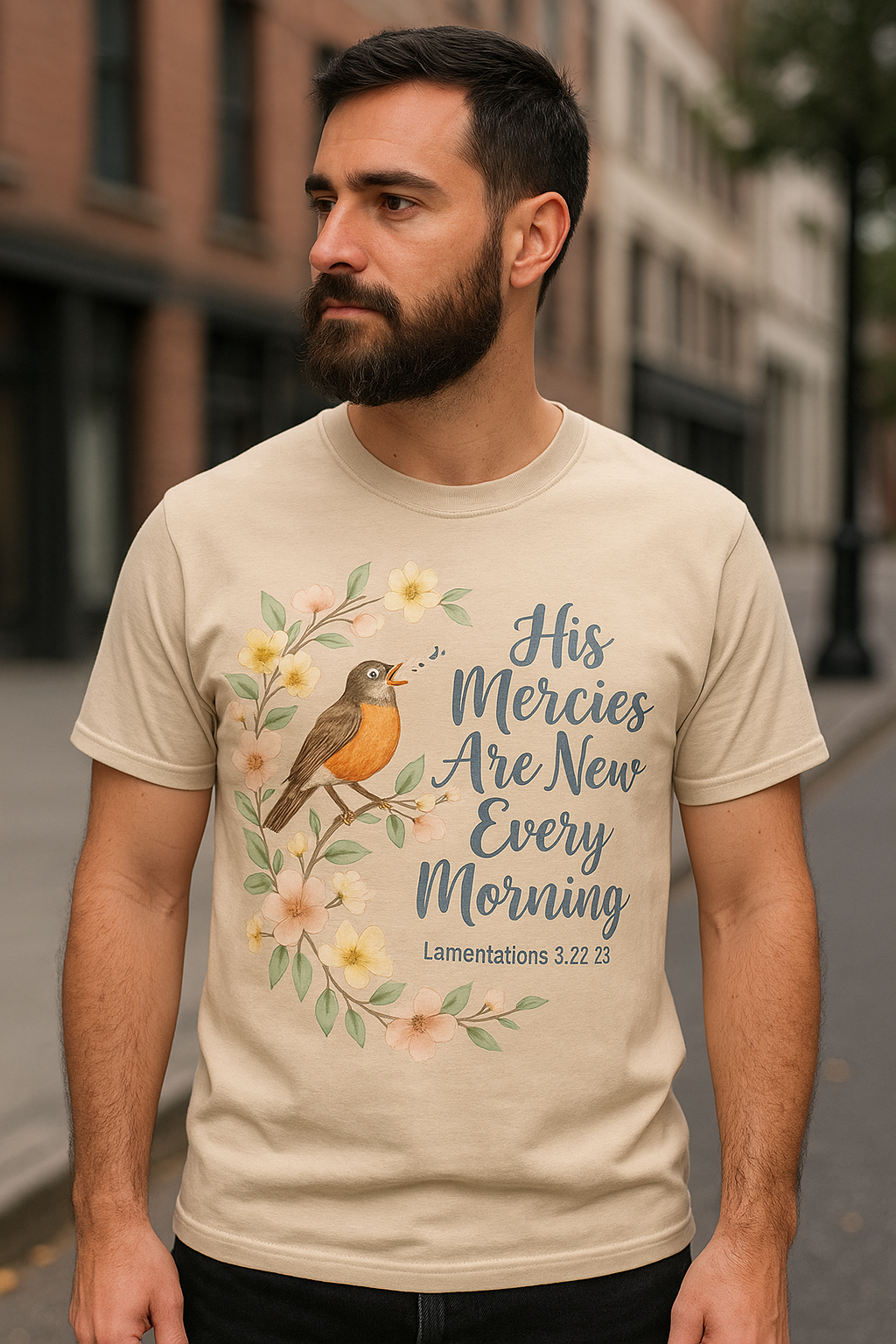 His Mercies Are New Every Morning Shirt — Songbird Christian Softstyle Tee, Lamentations 3:22-23 Faith Gift - Image 3