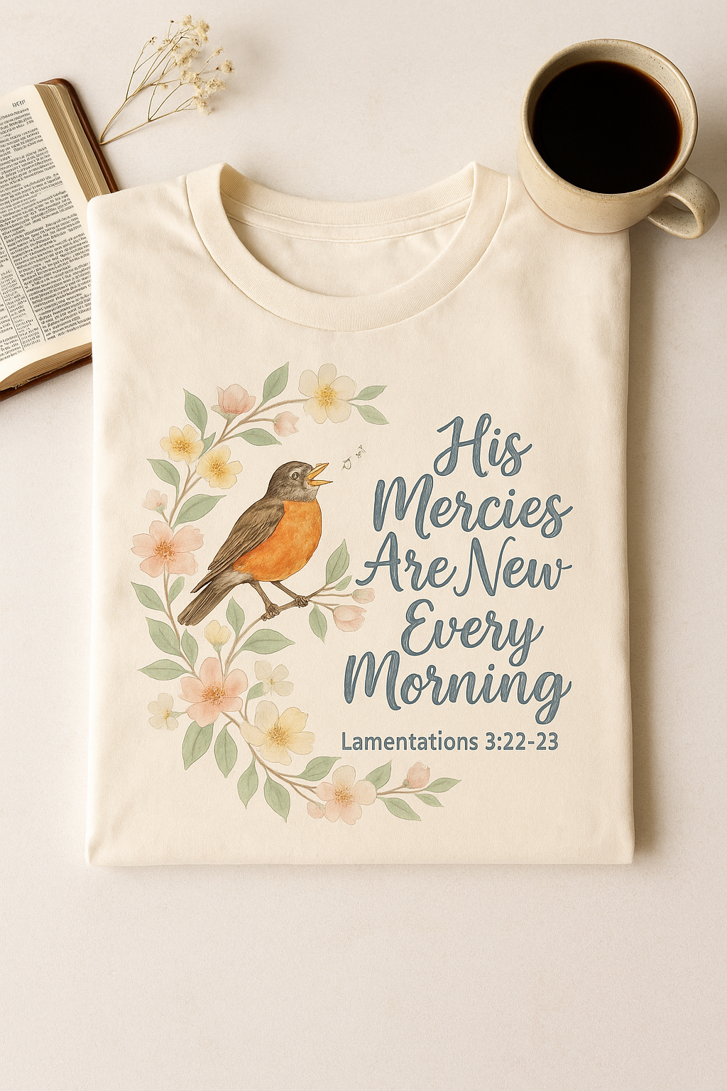 His Mercies Are New Every Morning Shirt — Songbird Christian Softstyle Tee, Lamentations 3:22-23 Faith Gift - Image 4