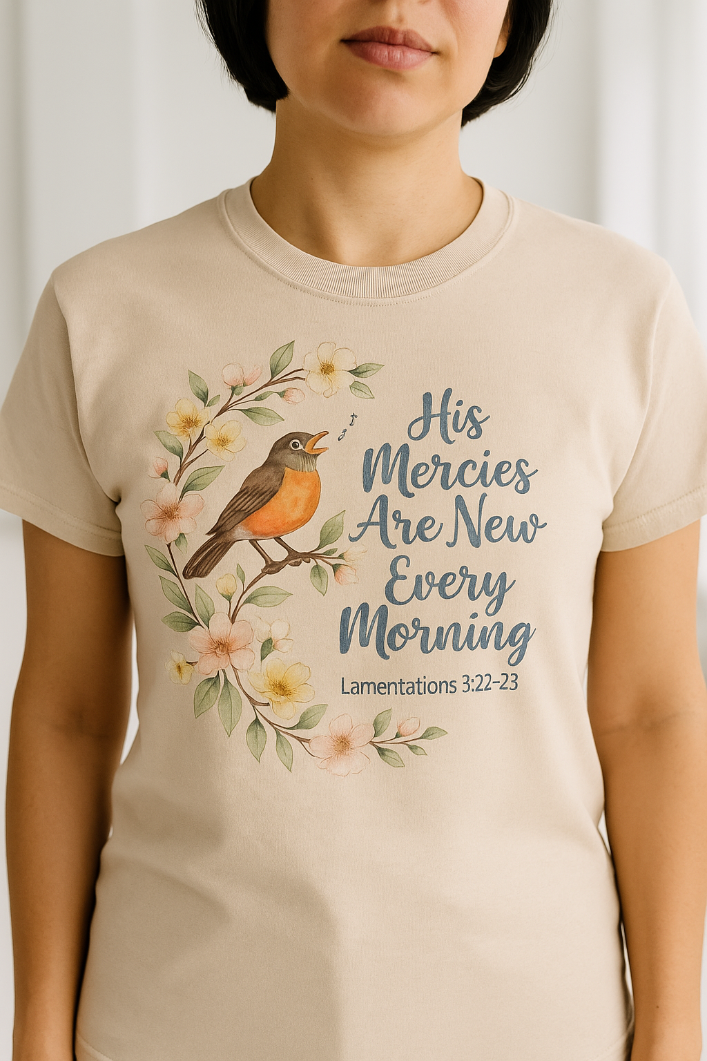 His Mercies Are New Every Morning Shirt — Songbird Christian Softstyle Tee, Lamentations 3:22-23 Faith Gift - Image 7