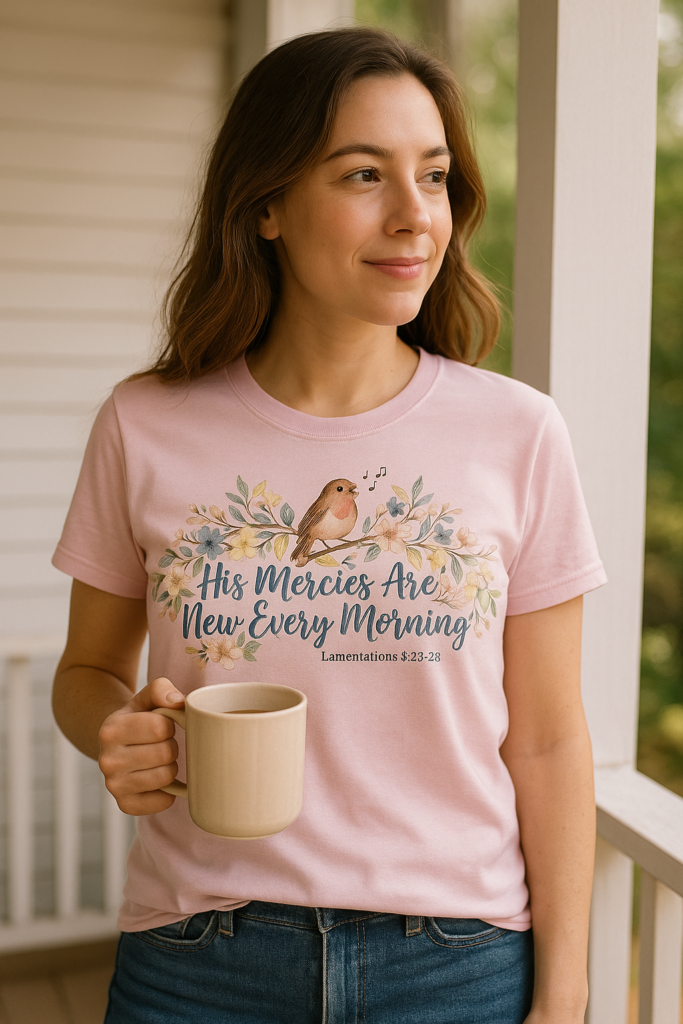 His Mercies Are New Every Morning Shirt — Retro Groovy Christian Softstyle Tee, Lamentations 3:22-23 Faith Gift