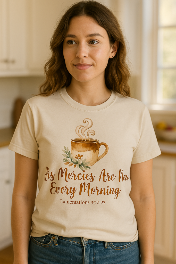 His Mercies Are New Every Morning Shirt — Cozy Coffee Christian Softstyle Tee, Lamentations 3:22-23 Faith Gift
