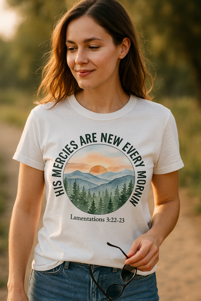 His Mercies Are New Every Morning Shirt — Sunrise Mountains Christian Softstyle Tee, Lamentations 3:22-23 Faith Gift