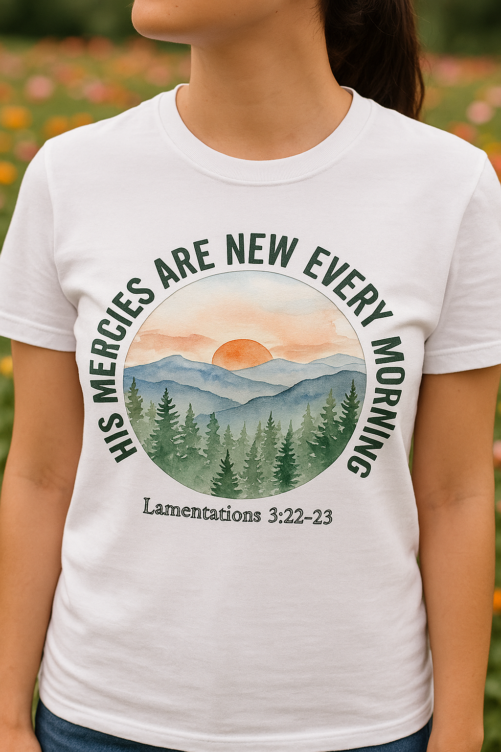 His Mercies Are New Every Morning Shirt — Sunrise Mountains Christian Softstyle Tee, Lamentations 3:22-23 Faith Gift - Image 6