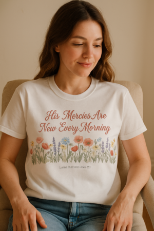 His Mercies Are New Every Morning Shirt — Wildflower Meadow Christian Softstyle Tee, Lamentations 3:22-23 Faith Gift