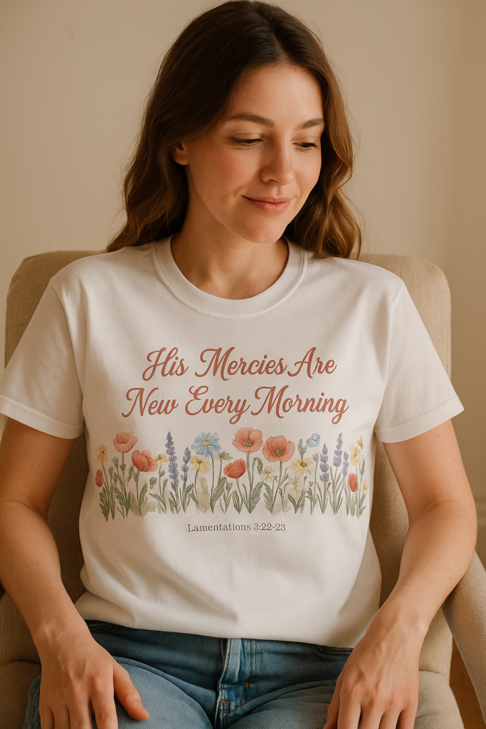 His Mercies Are New Every Morning Shirt — Wildflower Meadow Christian Softstyle Tee, Lamentations 3:22-23 Faith Gift