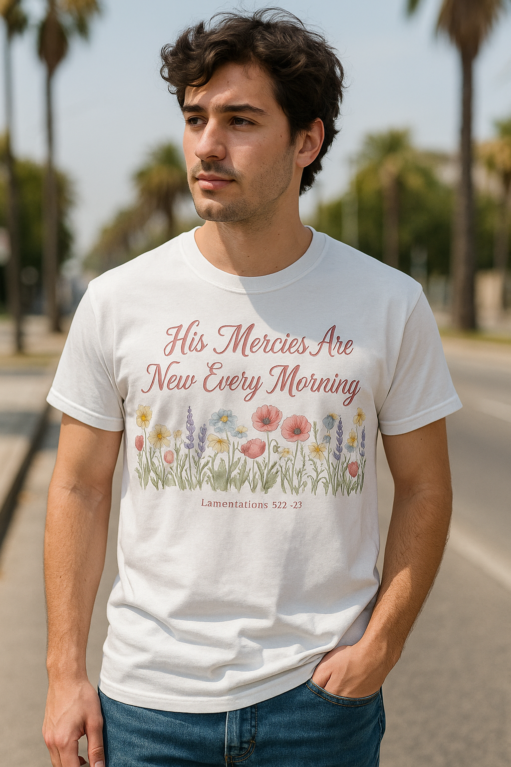 His Mercies Are New Every Morning Shirt — Wildflower Meadow Christian Softstyle Tee, Lamentations 3:22-23 Faith Gift - Image 3