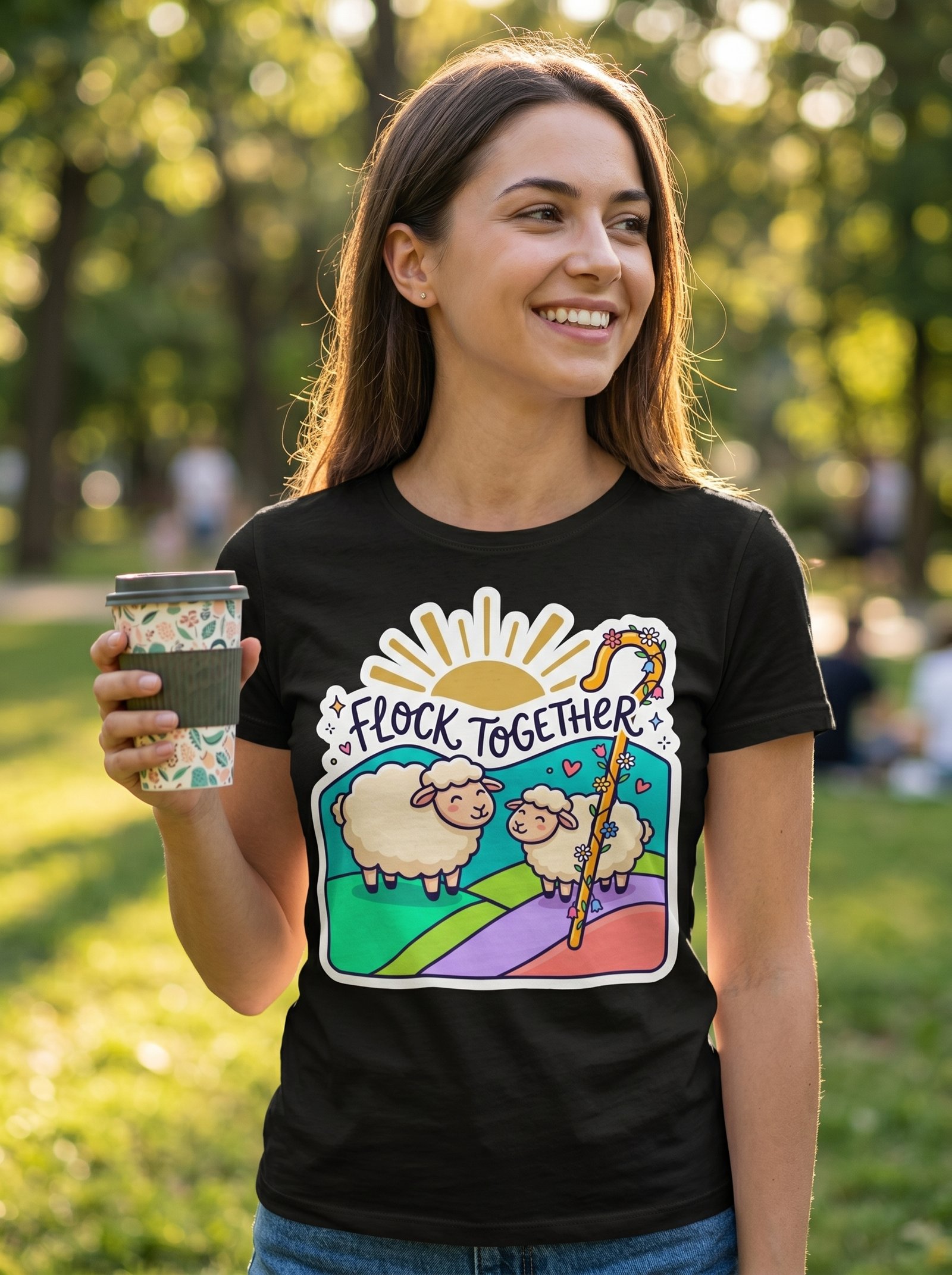 Flock Together Sheep Graphic T-Shirt | Cute Rainbow Shepherd Stick - Image 4