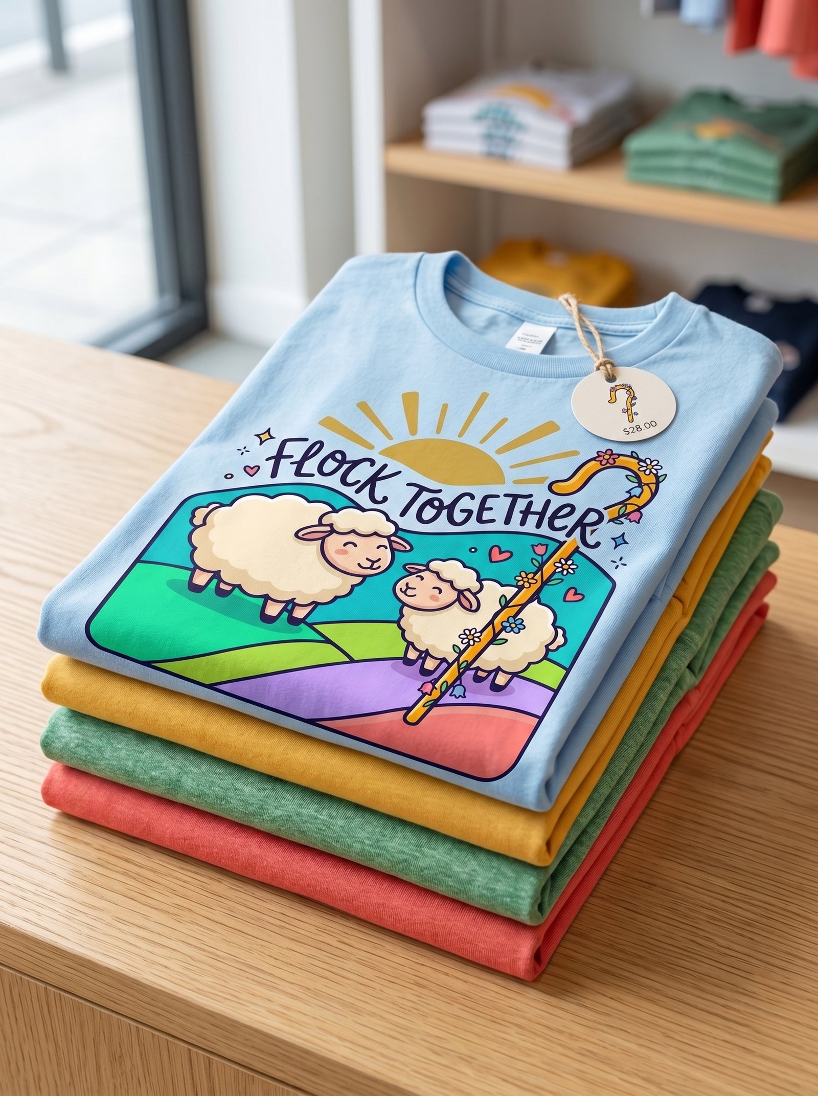 Flock Together Sheep Graphic T-Shirt | Cute Rainbow Shepherd Stick - Image 2