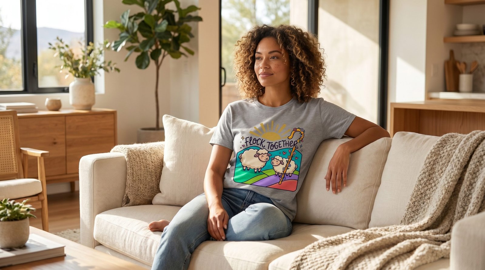 Flock Together Sheep Graphic T-Shirt | Cute Rainbow Shepherd Stick - Image 10