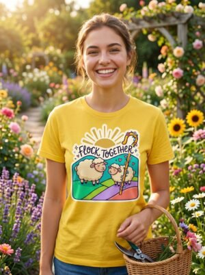 Flock Together Sheep Graphic T-Shirt | Cute Rainbow Shepherd Stick