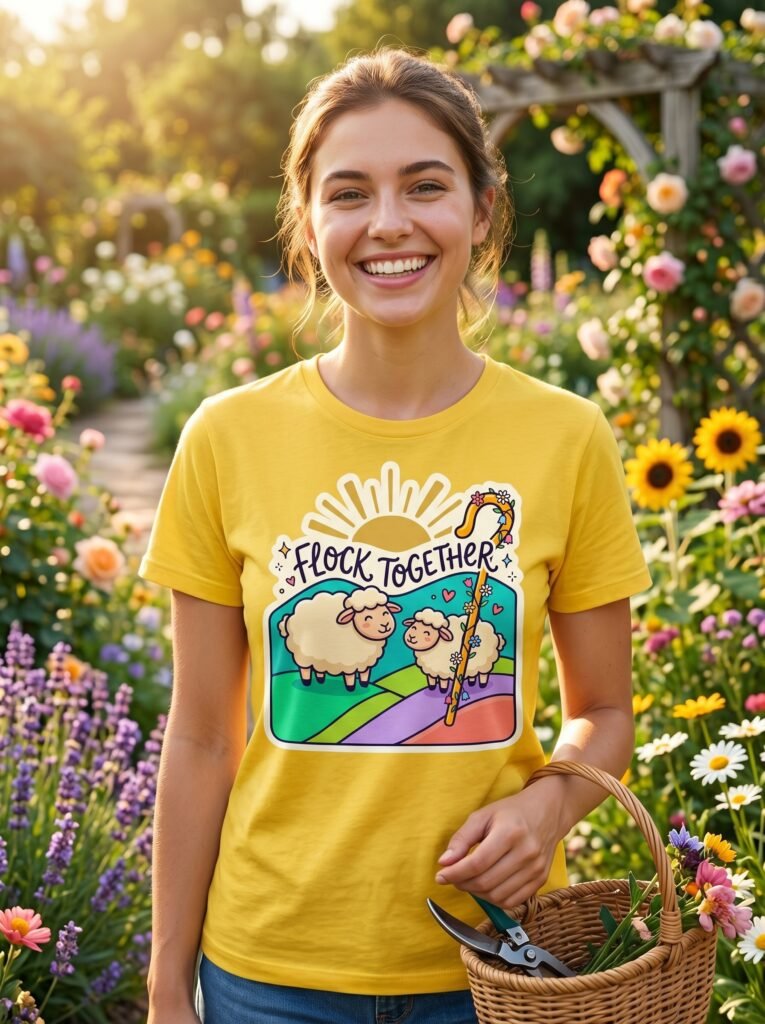 Flock Together Sheep Graphic T-Shirt | Cute Rainbow Shepherd Stick