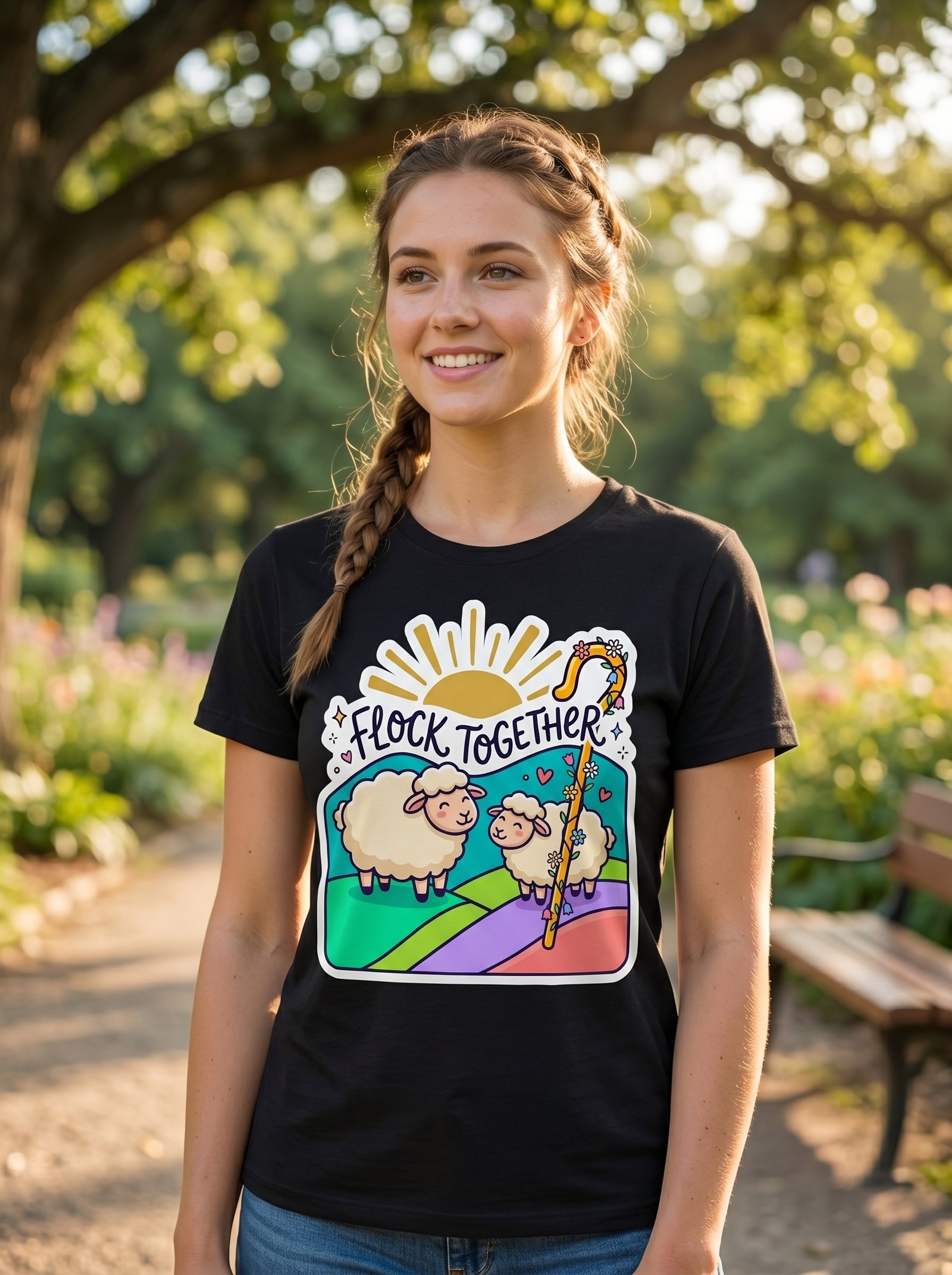 Flock Together Sheep Graphic T-Shirt | Cute Rainbow Shepherd Stick - Image 6