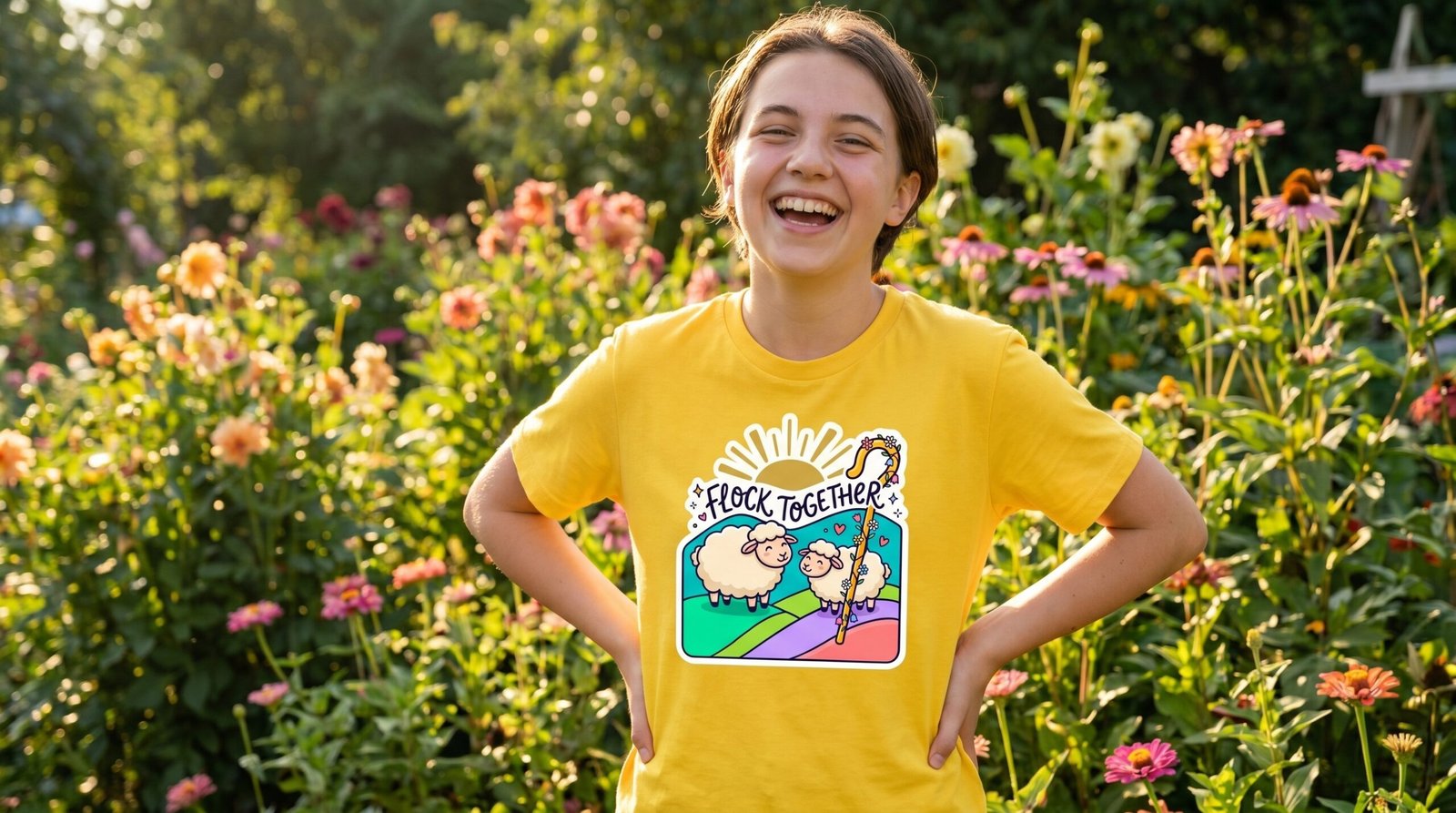 Flock Together Sheep Graphic T-Shirt | Cute Rainbow Shepherd Stick - Image 8