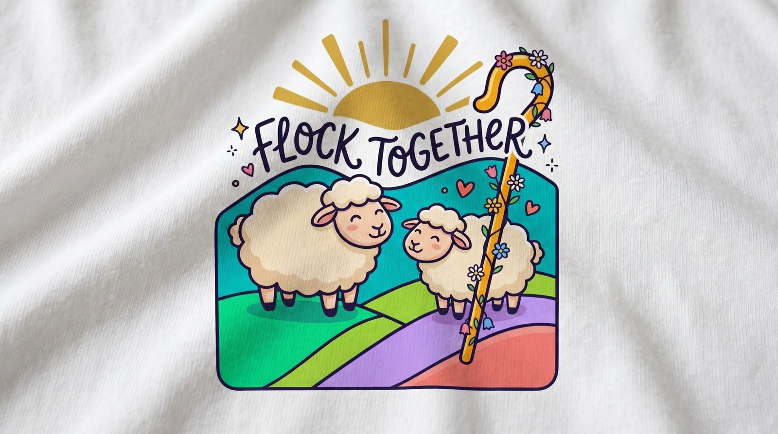 Flock Together Sheep Graphic T-Shirt | Cute Rainbow Shepherd Stick - Image 7