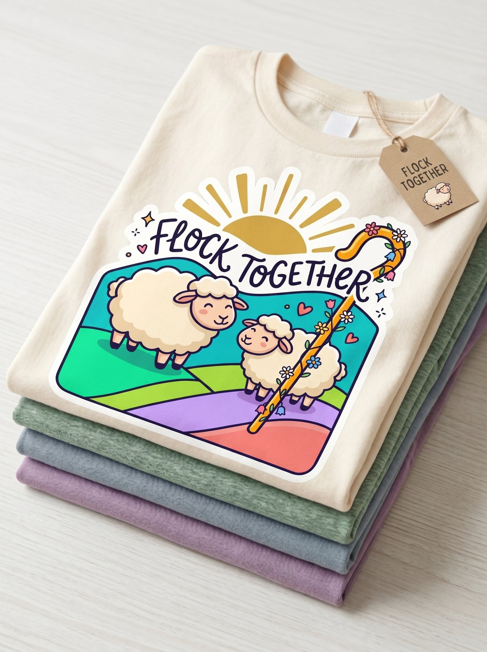 Flock Together Sheep Graphic T-Shirt | Cute Rainbow Shepherd Stick - Image 9