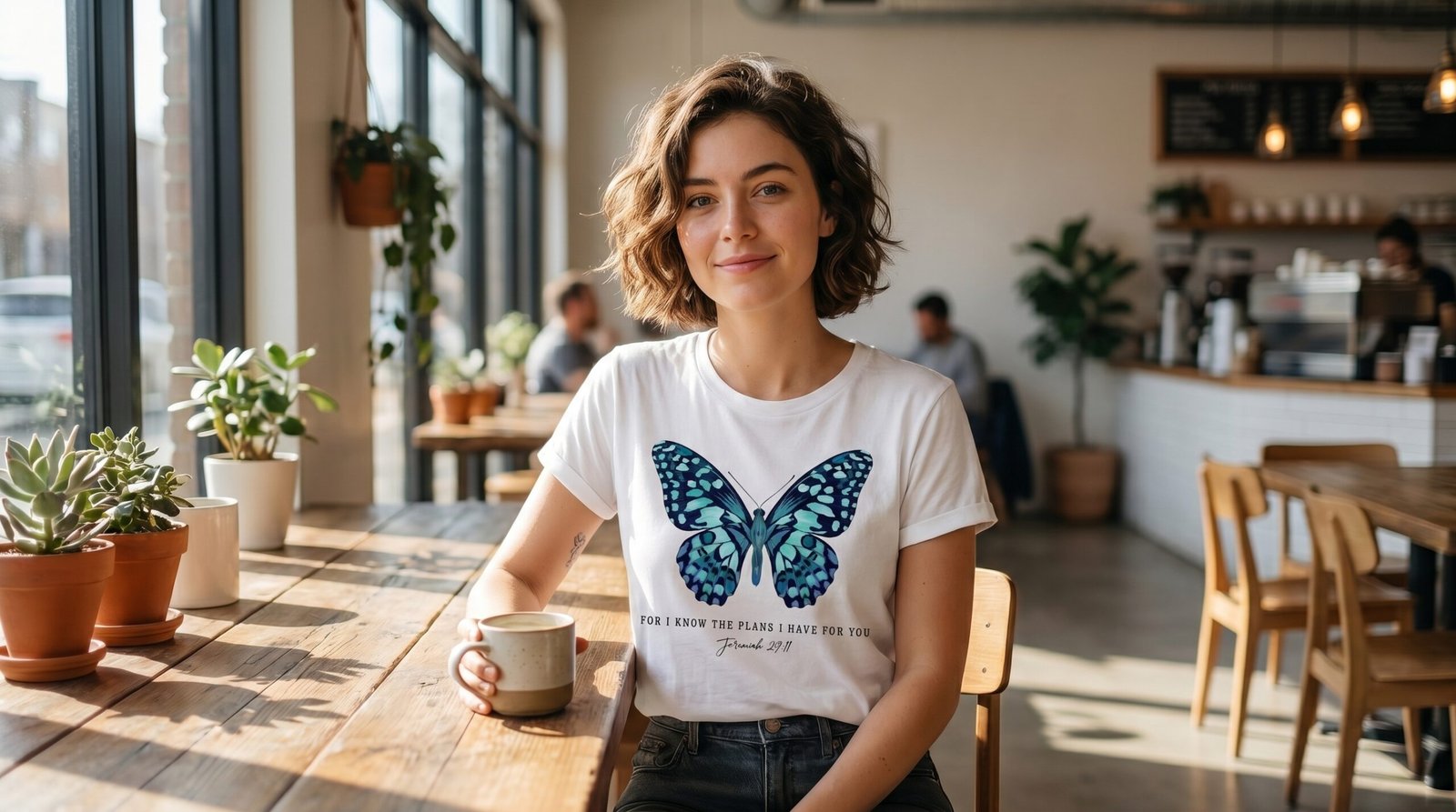 Teal Watercolor Butterfly T-Shirt | Botanical Insect Tee - Image 3