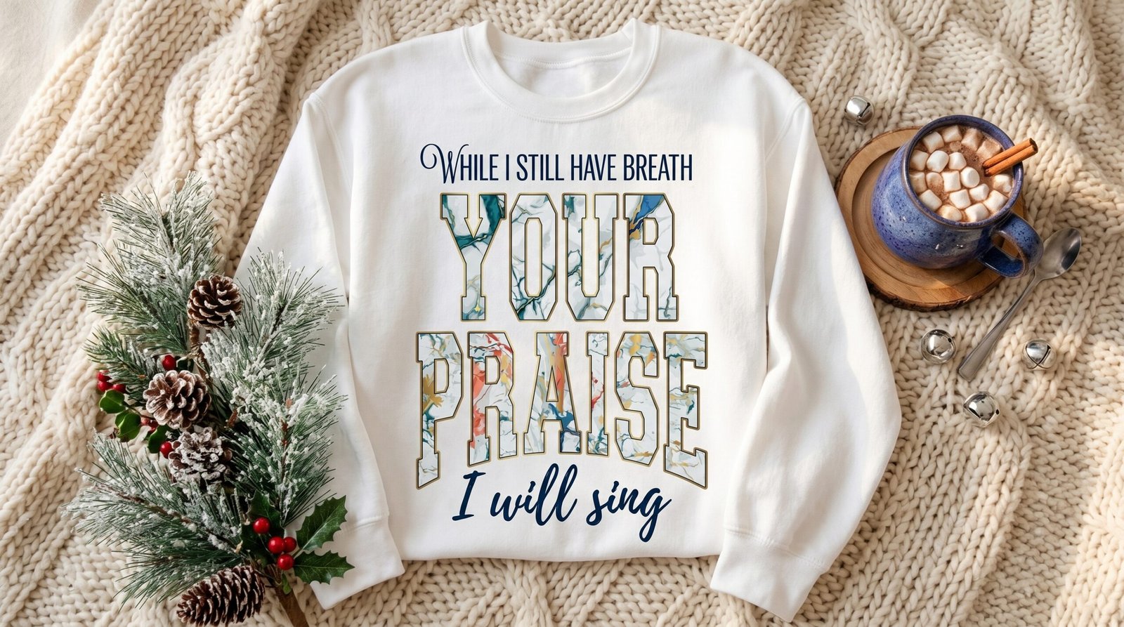Your Praise Crewneck Sweatshirt | Floral Lettering Christian Faith Quote - Image 6