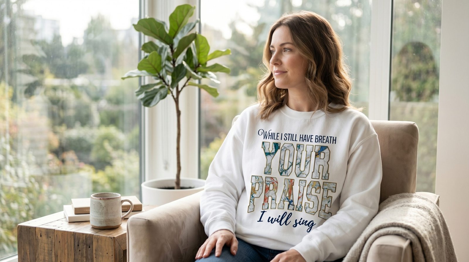 Your Praise Crewneck Sweatshirt | Floral Lettering Christian Faith Quote - Image 4