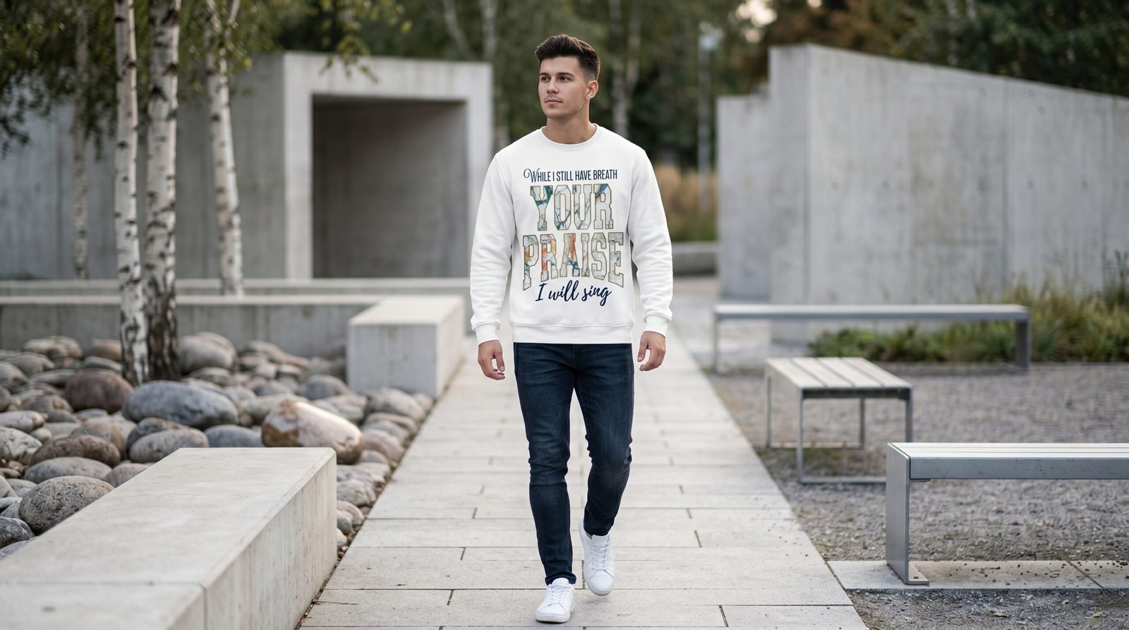 Your Praise Crewneck Sweatshirt | Floral Lettering Christian Faith Quote - Image 7