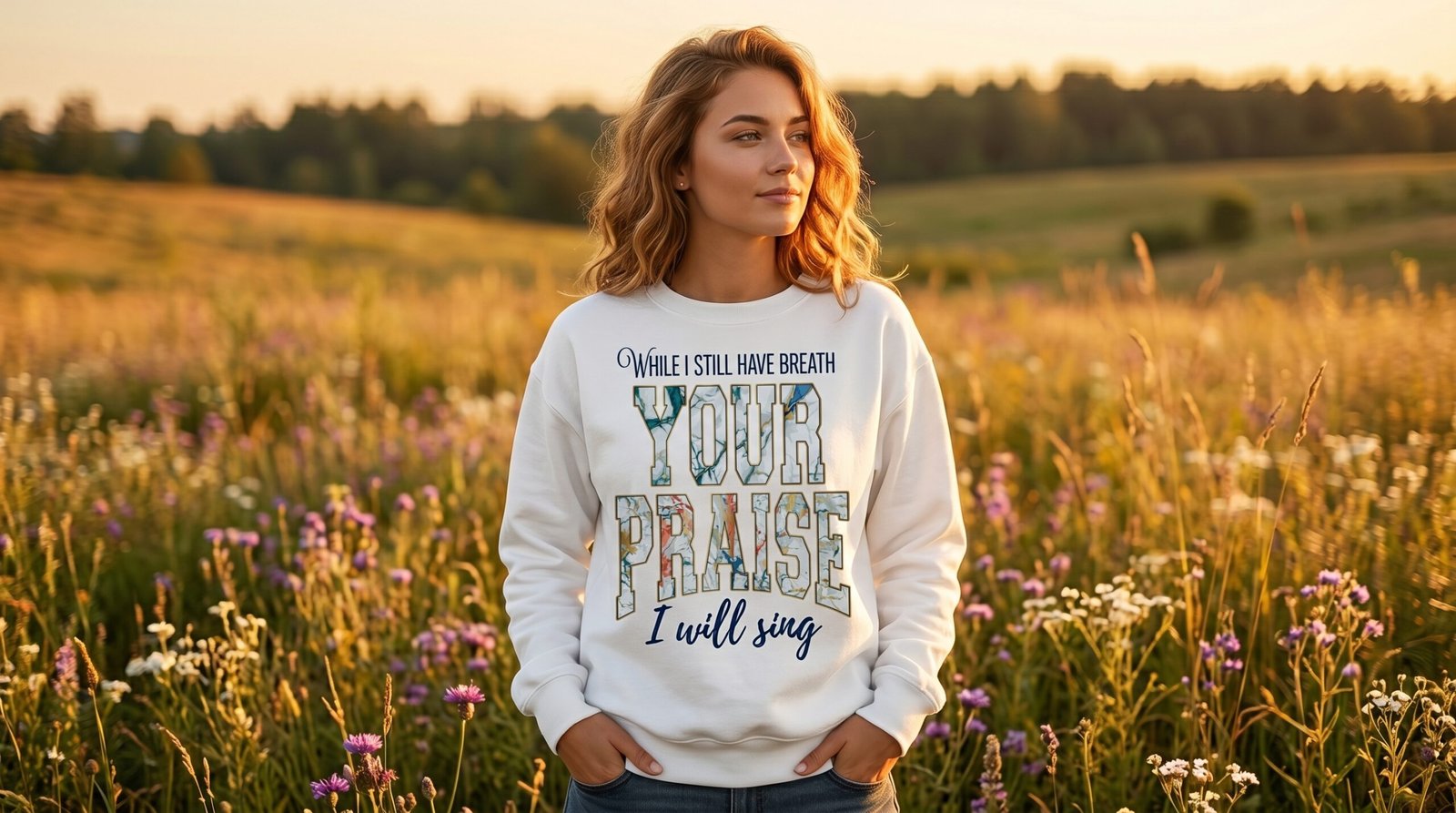 Your Praise Crewneck Sweatshirt | Floral Lettering Christian Faith Quote - Image 9