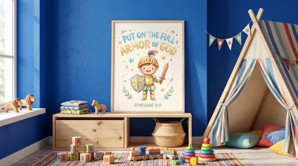 Rolled Poster — “Put on the Full Armor of God” Kids Wall Art (Ephesians 6:11)