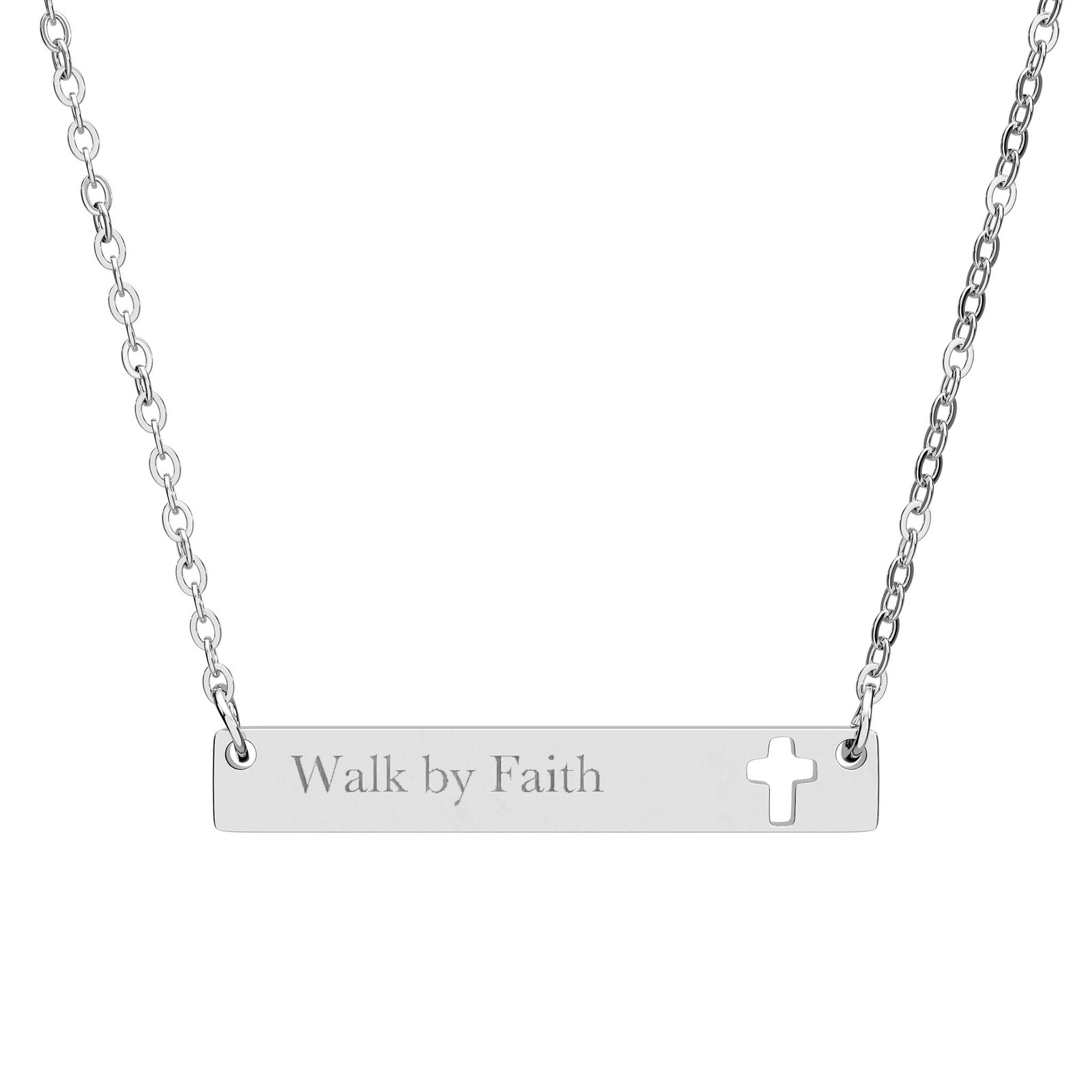 Walk by Faith Cross Necklace, Engraved Cutout Cross Bar Pendant, Christian Faith Gift, 2 Corinthians 5:7 Jewelry, Gift for Her Him