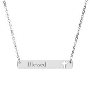 Blessed Cross Necklace, Engraved Cutout Cross Bar Pendant, Christian Faith Gift, Bible Verse Jewelry, Gift for Her Him