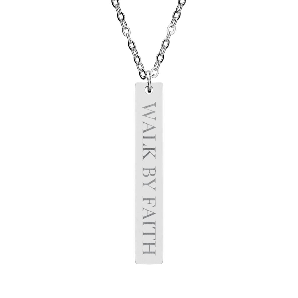 Walk by Faith Vertical Bar Necklace, Engraved Christian Faith Gift, Bible Verse Pendant for Her Him