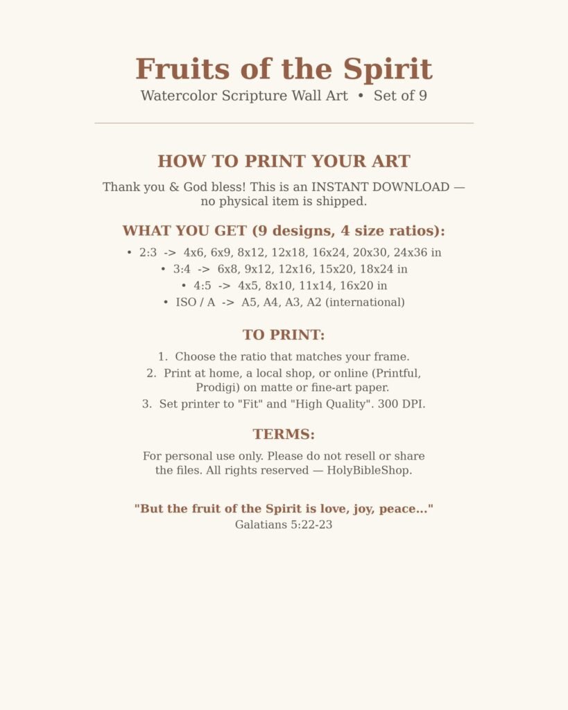 Fruits of the Spirit Wall Art Set, Christian Watercolor Scripture Prints (Instant Download)