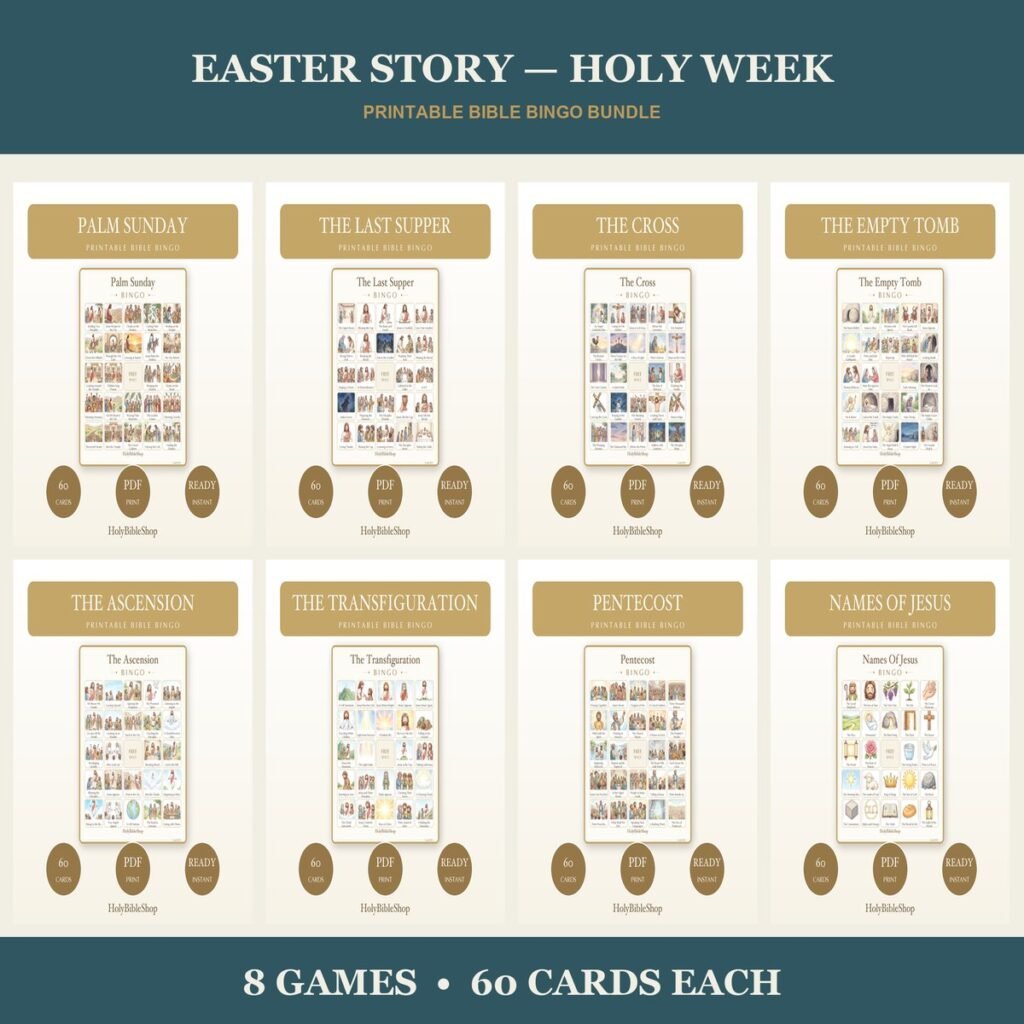 Easter Bible Bingo Bundle | 8 Printable Games, 60 Cards Each | Holy Week Resurrection Sunday School Christian Kids Activity PDF