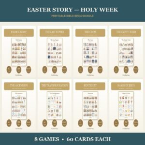 Easter Bible Bingo Bundle | 8 Printable Games, 60 Cards Each | Holy Week Resurrection Sunday School Christian Kids Activity PDF