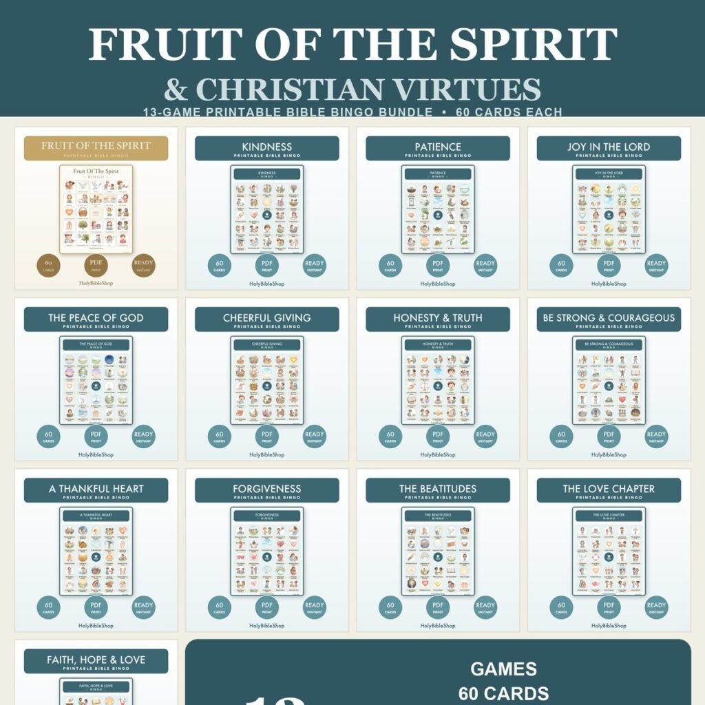 Fruit of the Spirit Bible Bingo Bundle | 13 Printable Games, 60 Cards Each | Sunday School VBS Christian Activity for Kids & Adults