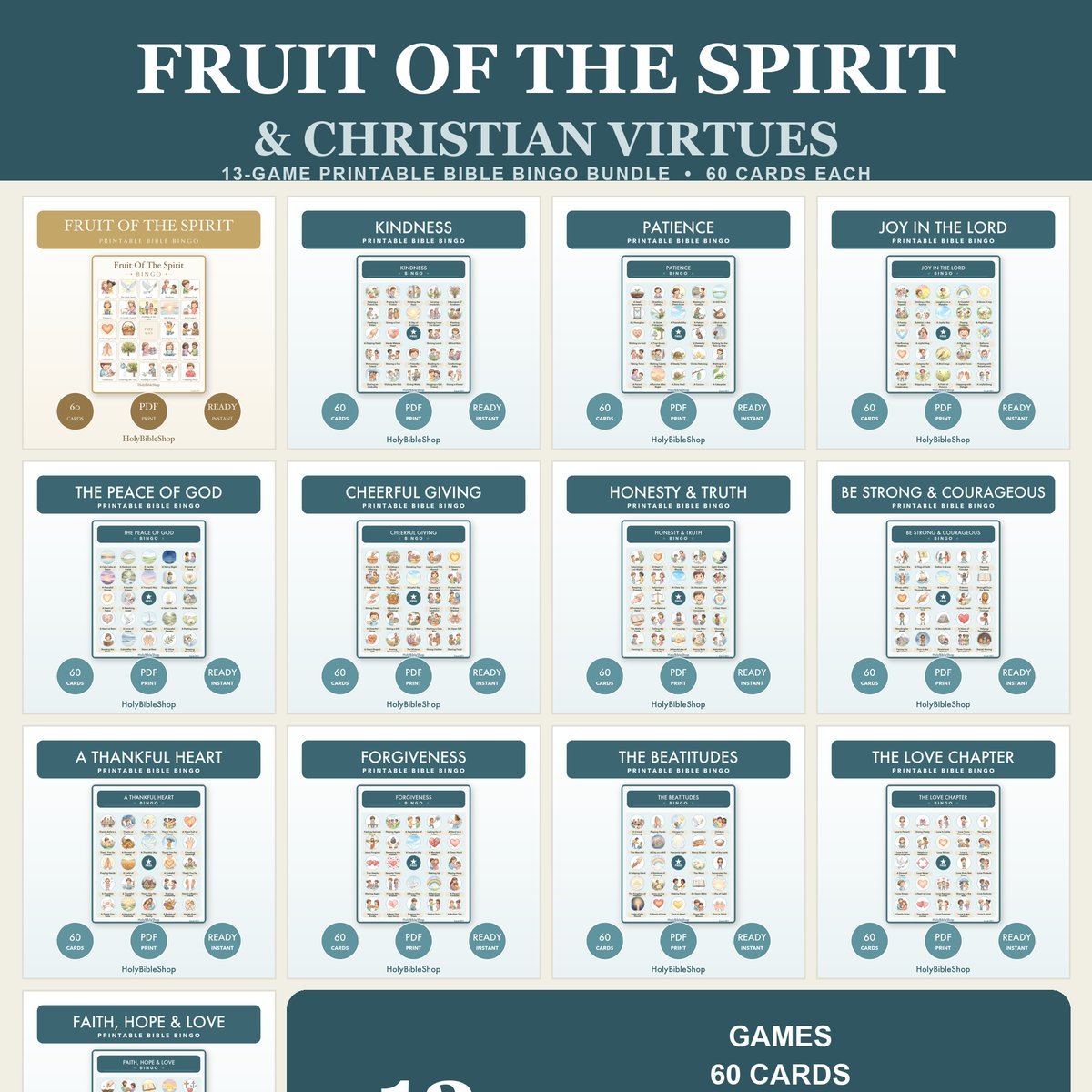 Fruit of the Spirit Bible Bingo Bundle | 13 Printable Games, 60 Cards Each | Sunday School VBS Christian Activity for Kids & Adults