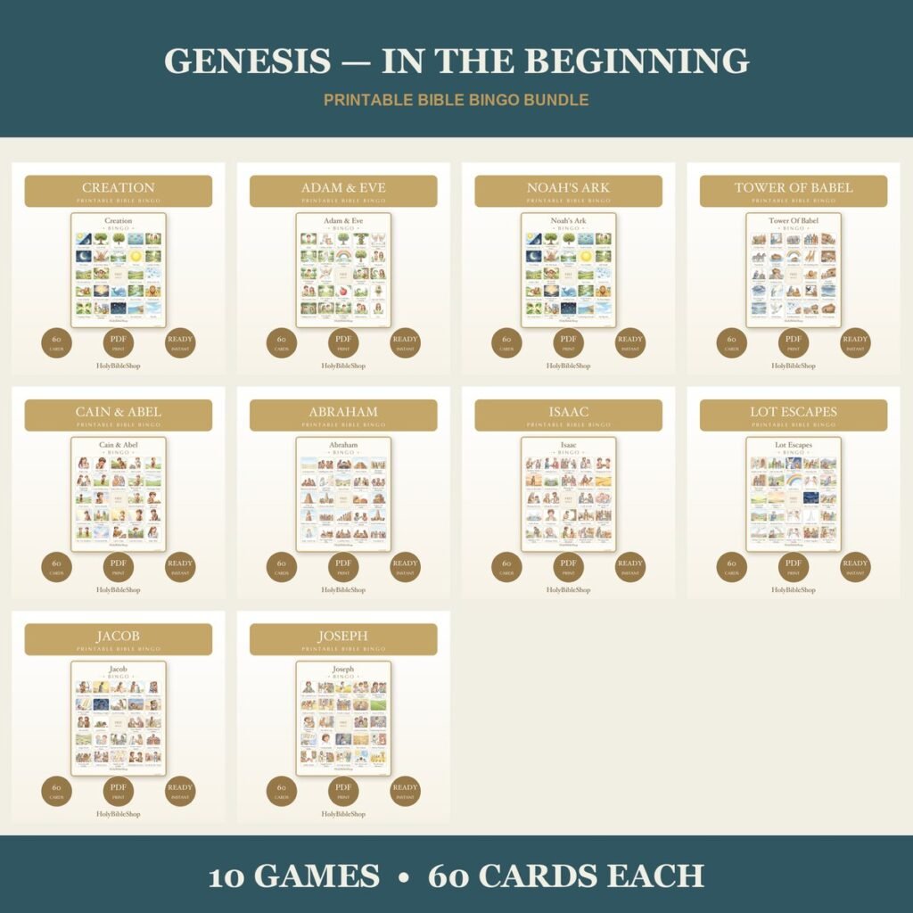 Genesis Bible Bingo Bundle | 10 Printable Games, 60 Cards Each | Creation Noah Sunday School VBS Christian Kids Activity PDF