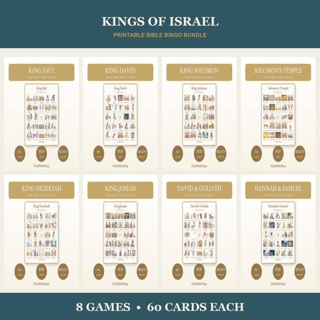 Kings of Israel Bible Bingo Bundle | 8 Printable Games, 60 Cards Each | David Solomon Sunday School Christian Kids Activity PDF
