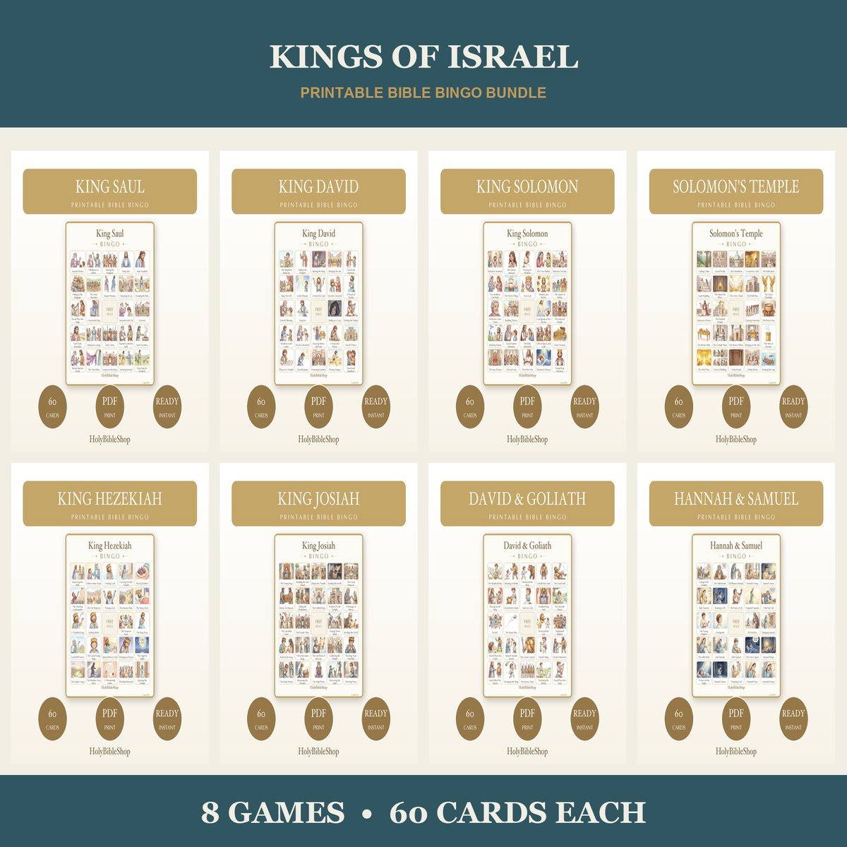 Kings of Israel Bible Bingo Bundle | 8 Printable Games, 60 Cards Each | David Solomon Sunday School Christian Kids Activity PDF