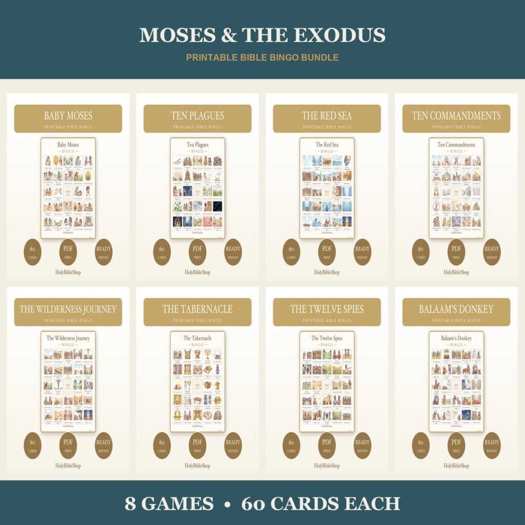 Moses & the Exodus Bible Bingo Bundle | 8 Printable Games, 60 Cards Each | Ten Commandments Sunday School Christian Activity PDF