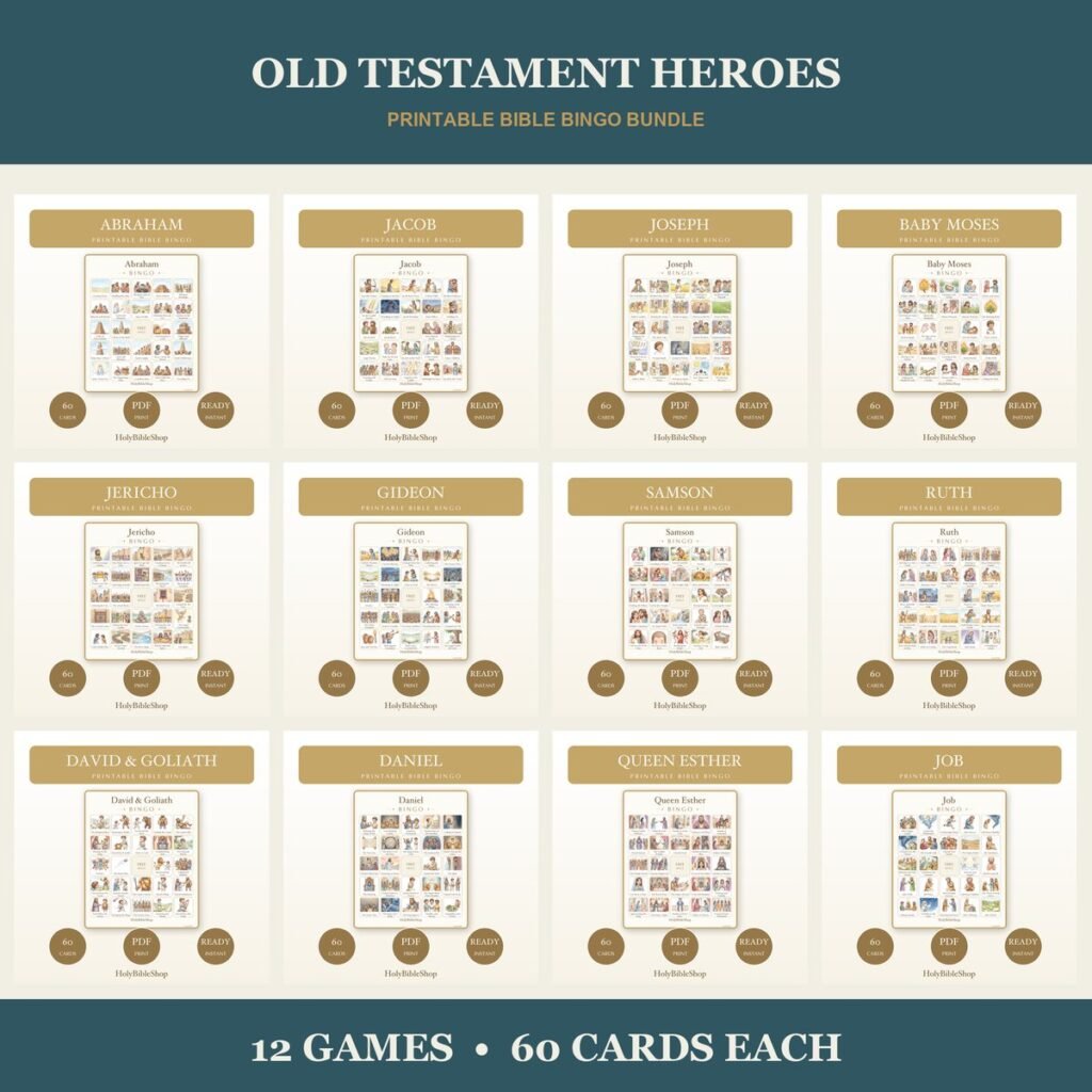 Old Testament Heroes Bible Bingo Bundle | 12 Printable Games, 60 Cards Each | Sunday School VBS Kids Christian Activity PDF