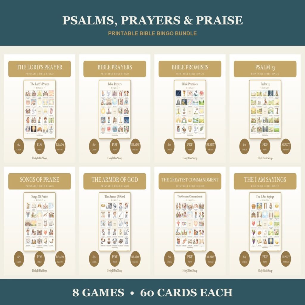 Psalms Prayers & Praise Bible Bingo Bundle | 8 Printable Games, 60 Cards Each | Sunday School Christian Kids Activity PDF