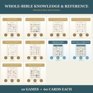 Whole Bible Knowledge Bingo Bundle | 10 Printable Games, 60 Cards Each | Books of the Bible Sunday School Christian Activity PDF