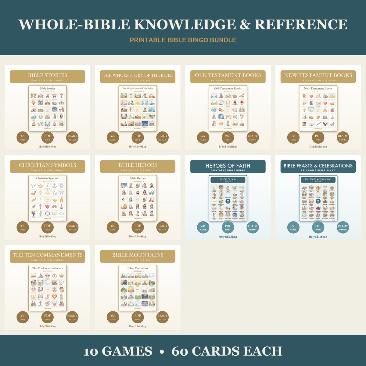 Whole Bible Knowledge Bingo Bundle | 10 Printable Games, 60 Cards Each | Books of the Bible Sunday School Christian Activity PDF