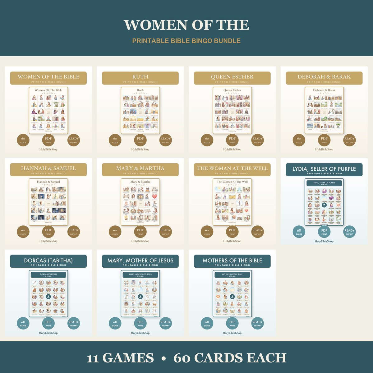 Women of the Bible Bingo Bundle | 11 Printable Games, 60 Cards Each | Ruth Esther Sunday School Christian Kids Activity PDF