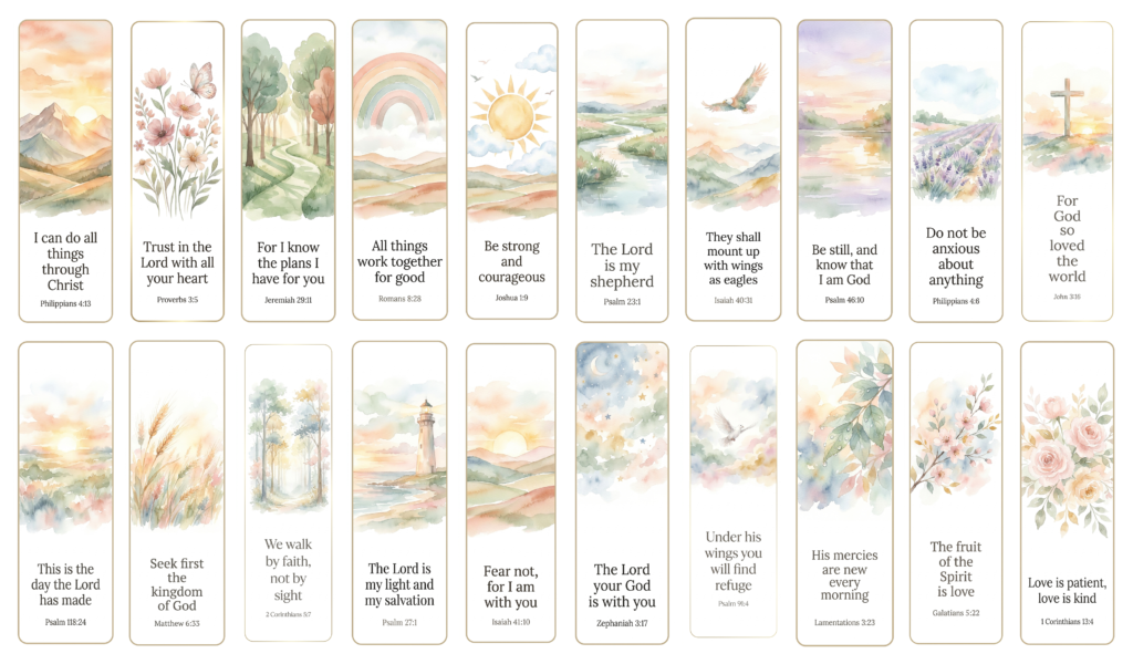 Printable Bible Verse Bookmarks Set of 20, Watercolor Christian Scripture Cards, Faith Gift, Bible Study, Instant Download PDF JPG