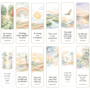 Printable Bible Verse Bookmarks Set of 20, Watercolor Christian Scripture Cards, Faith Gift, Bible Study, Instant Download PDF JPG