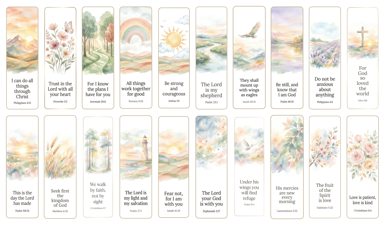 Printable Bible Verse Bookmarks Set of 20, Watercolor Christian Scripture Cards, Faith Gift, Bible Study, Instant Download PDF JPG