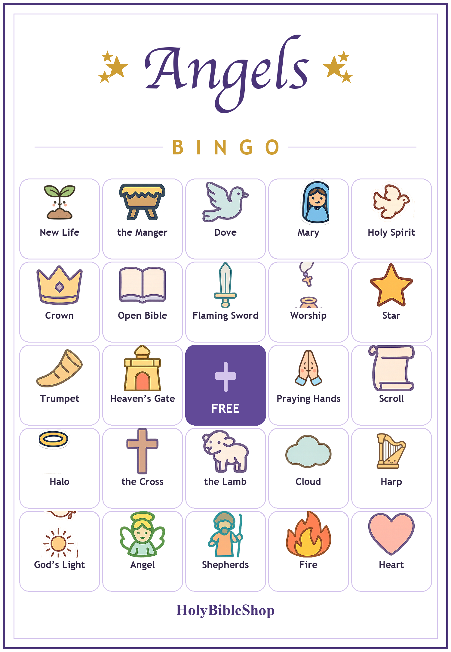 Angels Bingo, 60 Printable Christian Cards, Bible Angels Game, Sunday School Activity, Kids Bible Game, Heavenly Hosts