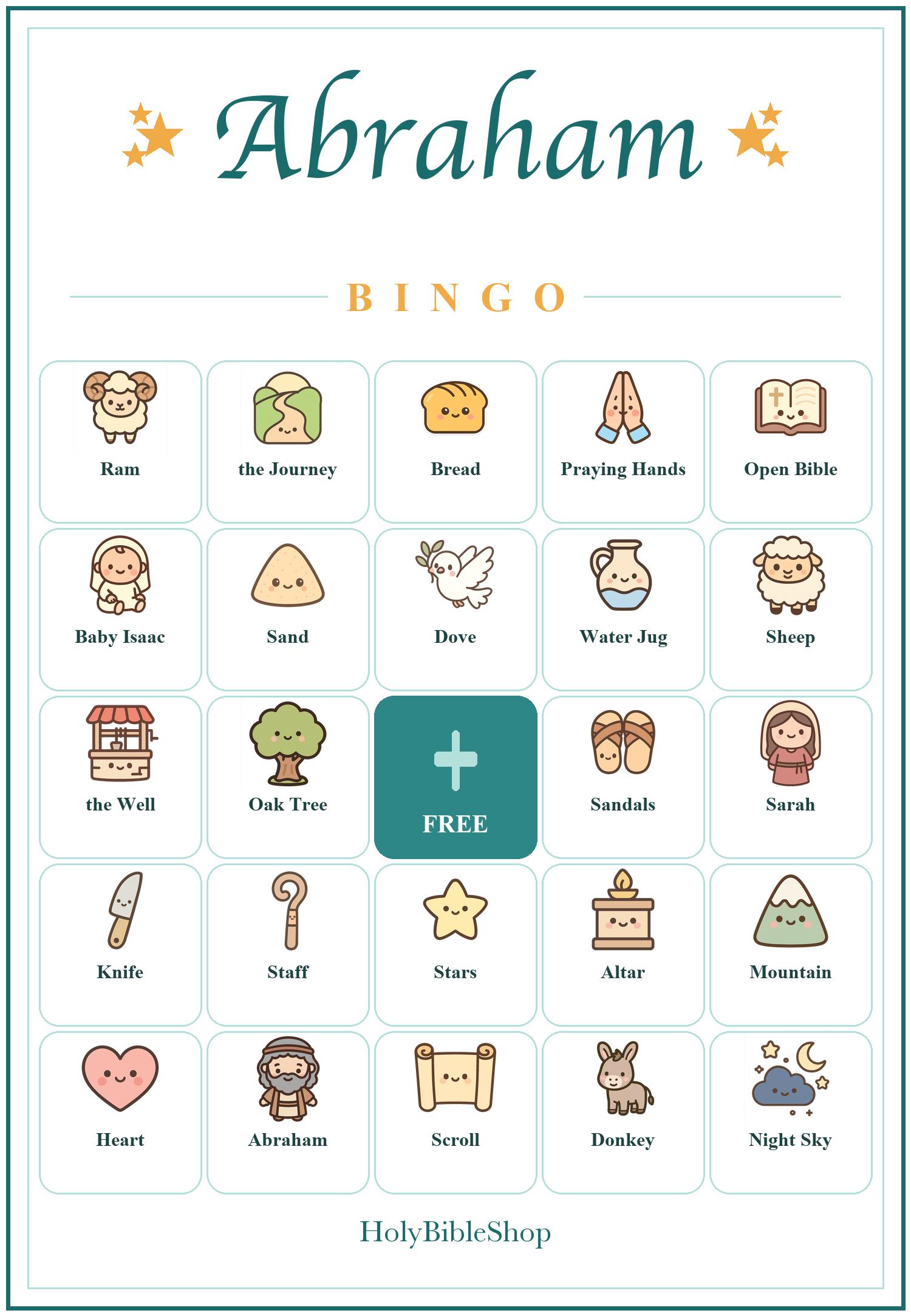 Abraham Bingo, 60 Printable Christian Cards, Bible Story Game, Sunday School Activity, Kids Bible Game, Scripture Study