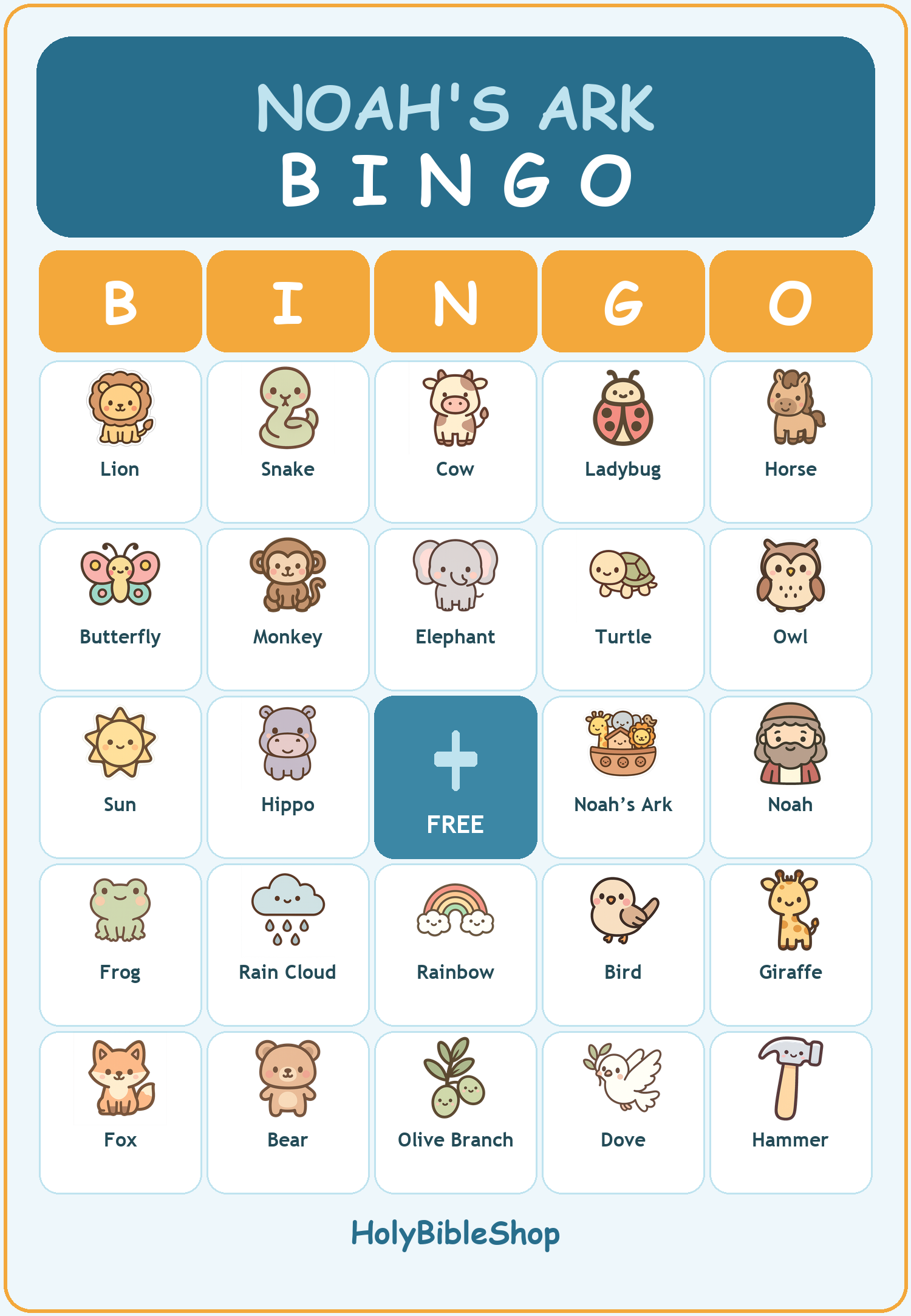 Noah's Ark Bingo, 60 Printable Bible Cards, Sunday School Game, Bible Activity for Kids, VBS Game, Christian Animal Bingo, Kids Church Game