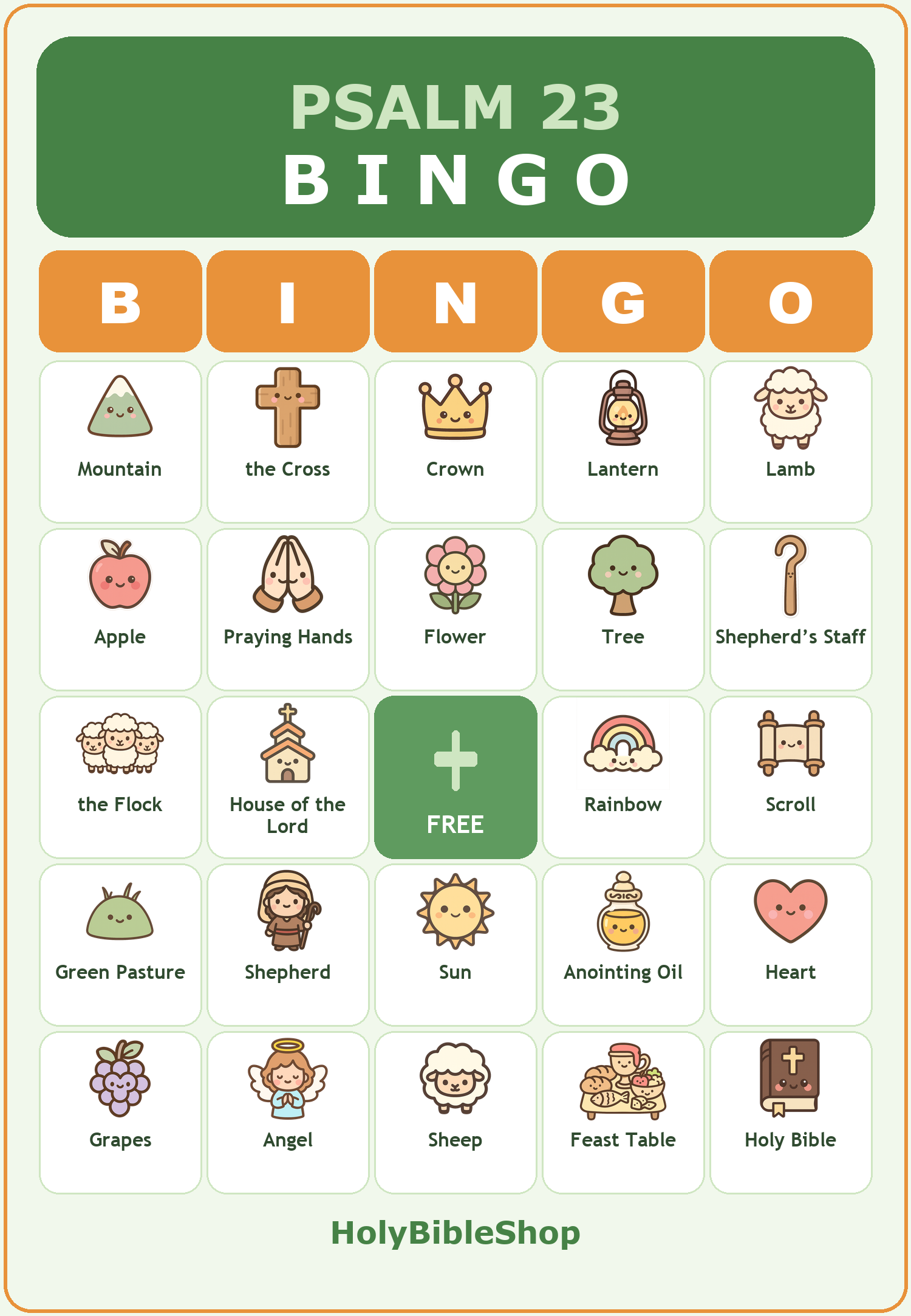 Psalm 23 Bingo, 60 Printable Christian Cards, The Good Shepherd, Sunday School Game, Bible Activity for Kids, Scripture Memory, Kids Church