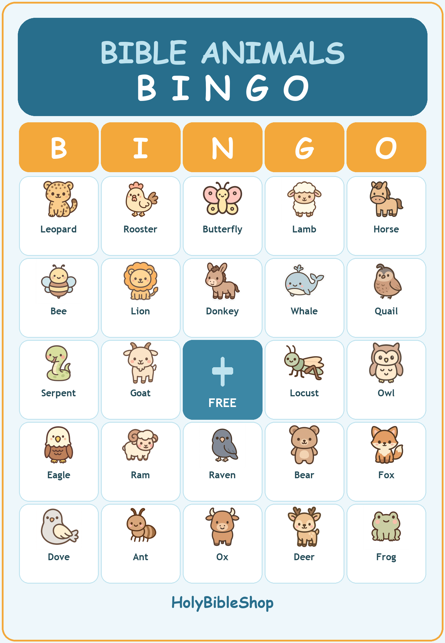 Bible Animals Bingo, 60 Printable Christian Cards, Bible Story Game, Sunday School Activity, Kids Bible Game, Noahs Ark Animals